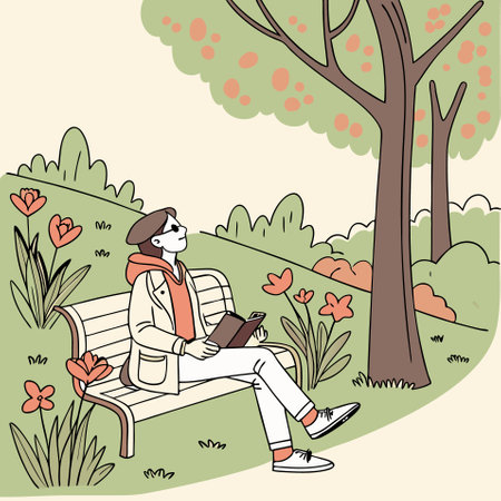 Vector illustration of a man sitting on a bench in the park and reading a bookのイラスト素材
