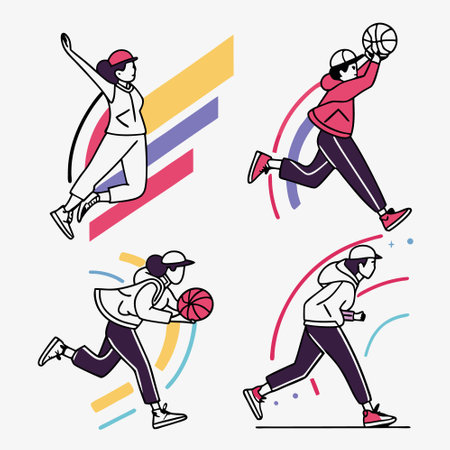 Set of basketball players in action. Vector illustration in linear style.のイラスト素材