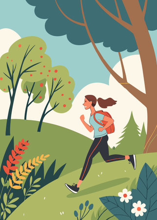 Young woman running in the park. Vector illustration in flat style.のイラスト素材