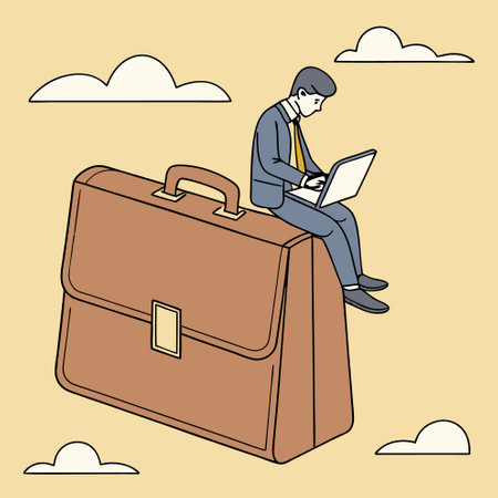 Businessman sitting on briefcase and working on laptop. Vector illustrationのイラスト素材
