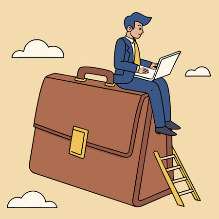 Businessman with briefcase and laptop. Vector illustration in flat styleのイラスト素材