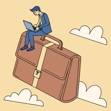 Businessman sitting on briefcase and working on laptop. Vector illustrationのイラスト素材