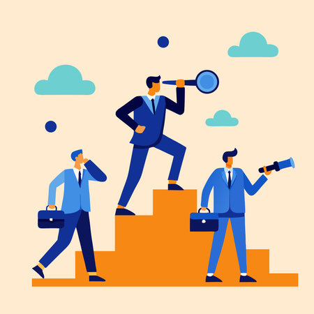 Business concept vector illustration. Businessman with magnifying glass and briefcase standing on the stairs.のイラスト素材