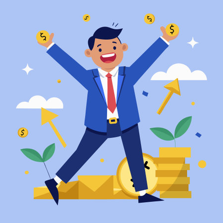 Businessman jumping on gold coins. Vector illustration in flat style.のイラスト素材