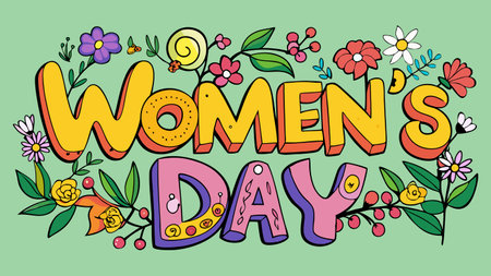 Women's Day lettering with flowers and leaves. Vector illustration.のイラスト素材