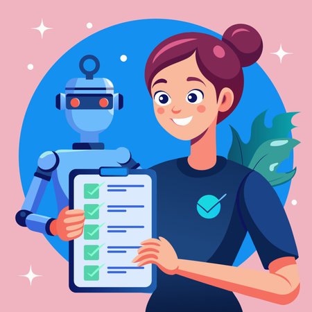 Cute girl with checklist and robot. Vector illustration in cartoon styleのイラスト素材