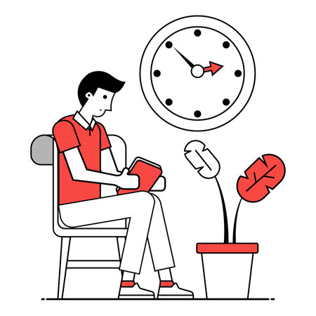 Man sitting on chair and reading book. Time management concept. Vector illustration in thin line style.のイラスト素材