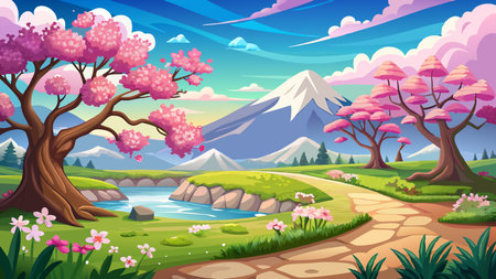 Nature scene with blooming sakura trees and mountain background illustration.のイラスト素材