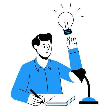 Vector illustration of a businessman working with a light bulb and a notebookのイラスト素材