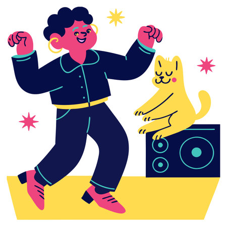 Man dancing with a cat. Vector illustration in a flat style.のイラスト素材