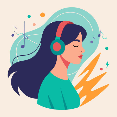 Young woman listening to music with headphones. Vector illustration in flat styleのイラスト素材