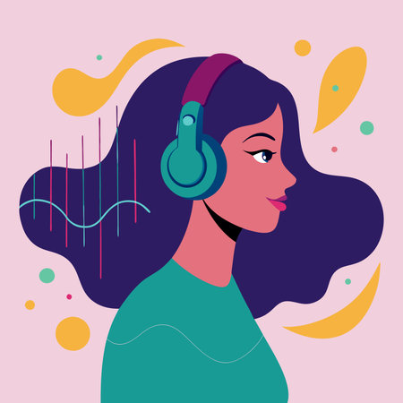 Young woman listening to music with headphones. Vector illustration in flat style.のイラスト素材