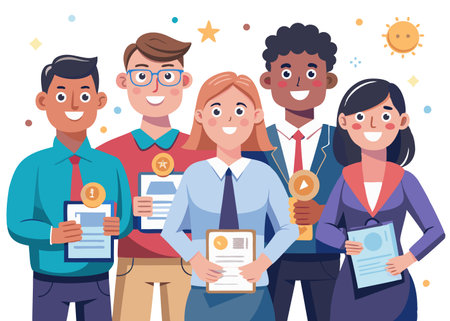 Group of happy people with medals and certificate. Vector illustration in cartoon styleのイラスト素材
