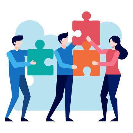 Teamwork concept. Business people connecting puzzle pieces. Vector flat illustrationのイラスト素材