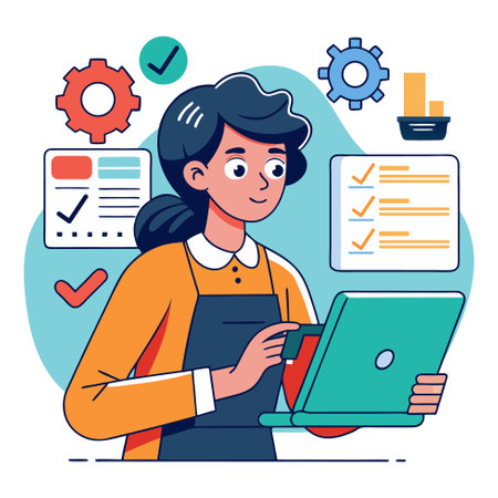 Vector illustration of woman working on laptop. Flat style design for web, site, advertising, banner, poster, board and print.のイラスト素材