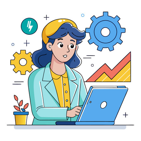 Vector illustration of a young woman working on a laptop at office.のイラスト素材
