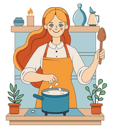 Young woman cooking in the kitchen. Vector illustration in cartoon style.のイラスト素材