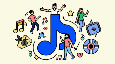 Vector illustration of young people dancing with musical notes and music symbols.のイラスト素材