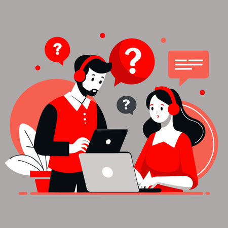 Man and woman with question mark and laptop. Vector illustration in flat styleのイラスト素材