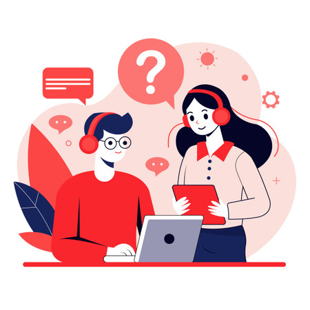 Vector illustration of a man and a woman with a laptop and a speech bubbleのイラスト素材