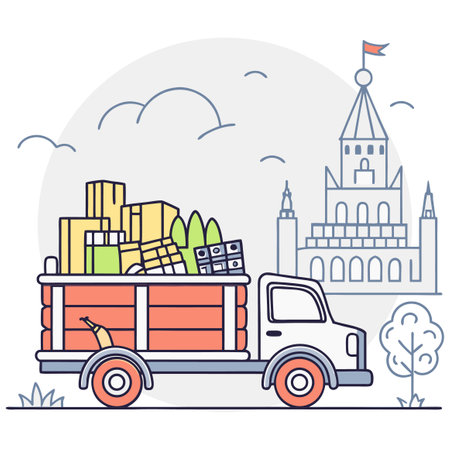 Truck with boxes on the background of the city. Vector illustrationのイラスト素材