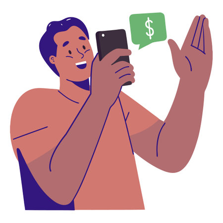 Happy man holding smartphone with dollar sign and speech bubble vector illustration.のイラスト素材