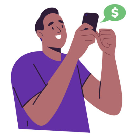 Vector illustration of a man using mobile phone and showing thumbs up.のイラスト素材