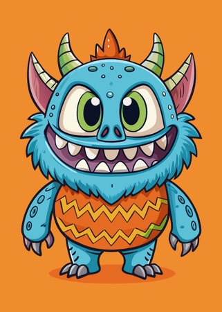 Funny cartoon monster. Vector illustration of a monster with horns.のイラスト素材