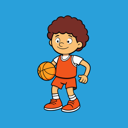 Cartoon boy playing basketball. Vector illustration. Isolated on blue background.のイラスト素材