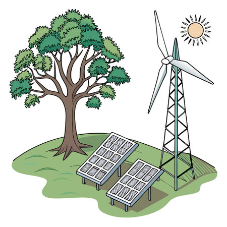 Solar panels and wind turbine on the green field. Vector illustration.のイラスト素材