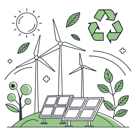 Renewable energy and eco friendly concept. Solar panels, wind turbines, windmills. Vector illustrationのイラスト素材