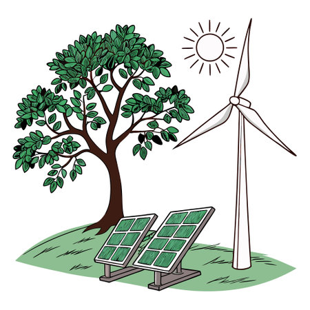 Solar panels and wind turbine on the green grass. Vector illustration.のイラスト素材