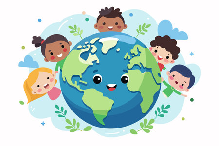 Cute kids around the world on earth day. Vector illustration.のイラスト素材