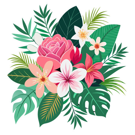 Flower bouquet with tropical leaves and flowers. Vector illustration.のイラスト素材