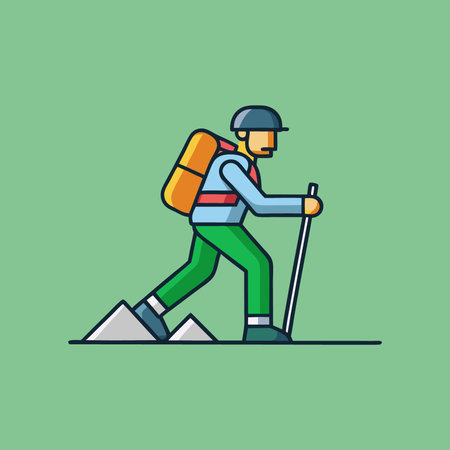 Minimalist Vector Illustration of a Hiker with Backpack Climbing Mountainのイラスト素材