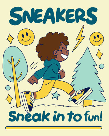 Hand drawn vector illustration of a black boy running in the park. Skateboarding poster.のイラスト素材