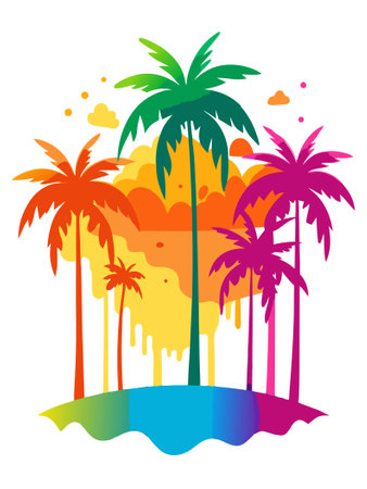 Tropical island with palm trees and sunset. Vector illustration.のイラスト素材