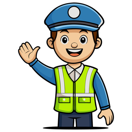 Vector illustration of a policeman in a green uniform waving his hand.のイラスト素材
