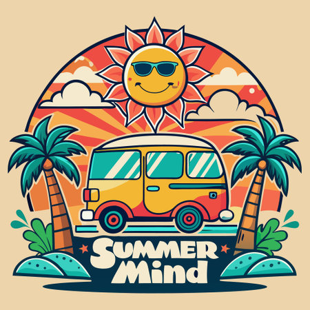 Summer poster with funny van, sun and palm trees. Vector illustrationのイラスト素材