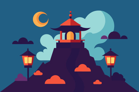 Chinese temple on the hill at night. Vector illustration in flat styleのイラスト素材