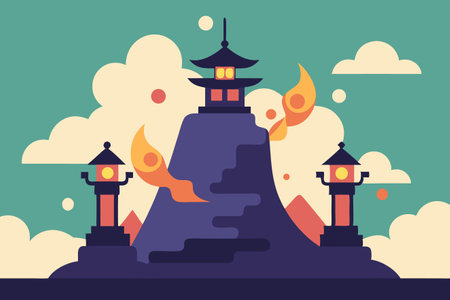 Lanterns and pagodas. Vector illustration in flat styleのイラスト素材