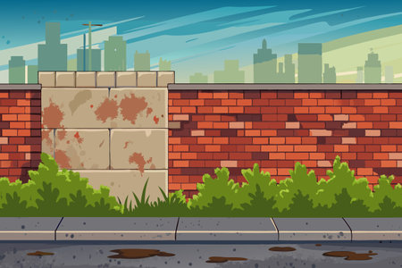 Cartoon urban landscape with brick wall and road. Vector illustration.のイラスト素材