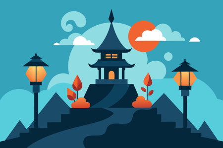Landscape of pagoda on hill. Vector illustration in flat styleのイラスト素材