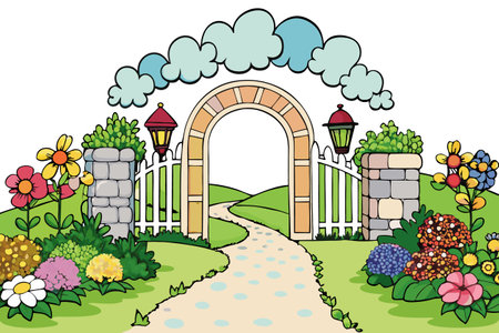 Illustration of a Garden Path with a Gate, Lantern and Flowersのイラスト素材