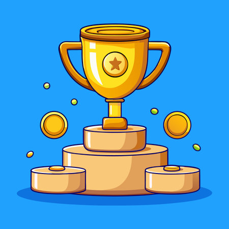 Trophy cup with gold stars and coins on blue background. Vector illustration.のイラスト素材