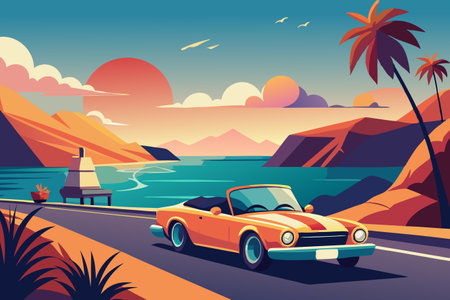 Retro car on the road to the sea. Vector illustration.のイラスト素材