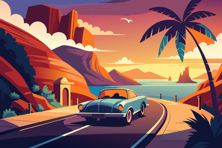 Vintage car on the road in the mountains. Vector illustration.のイラスト素材
