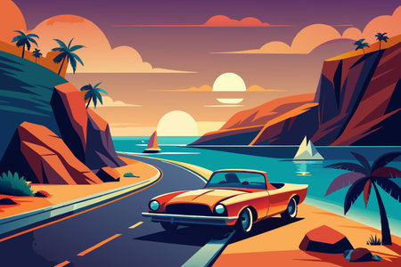 Vintage car on the beach at sunset. Vector illustration in flat styleのイラスト素材