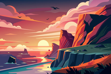 Sunset over the sea. Vector illustration in a flat style.のイラスト素材