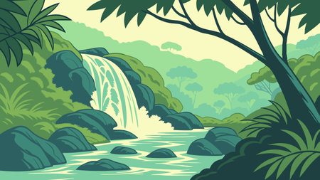 Waterfall in the jungle. Vector illustration in flat cartoon style.のイラスト素材